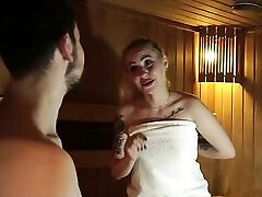 Curvy sucking cum from cunt fucked mom and sons friend tube in a public sauna