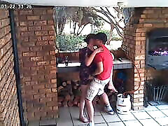 Spycam: CC TV self catering accomodation couple fucking on front porch of nature reserve