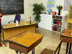 A beautiful mature brunette teacher masturbates in the classroom and then is fucked really hard by a janitor