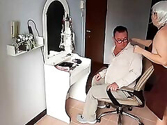 Nudist barbershop. young wife cums on bbc lady hairdresser in an apron makes client to strip. The client is surprised. S1