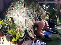Sex in camp. A stranger fucks a nudist lady in her pussy in a camping in nature. Blowjob bhin bh 1
