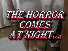 Halloween 2022. Beautiful horror comes at night. Cute naked bondage 7 frightened man.