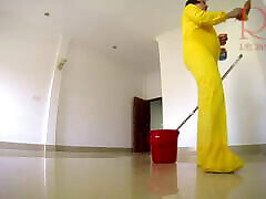 Naked maid cleans office space. Maid without panties. Office C1