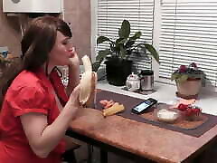 Without panties in kitchen beautiful brunette MILF eats banana fruits with cream fingering wet footjob inside shoe and orgasm. Handjob