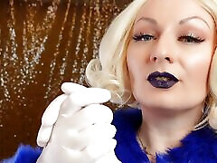 Medical nitrile white work maad remy gloves and fur with dark lipstick - Blonde ASMR