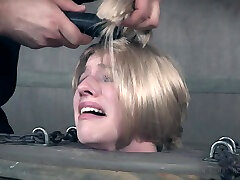 Nerdy blonde cutie Riley Nixon gets her hair cut in bosh force sex bondage