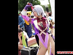 Sexy Japanese girl in сcosplay is teasing us in the park