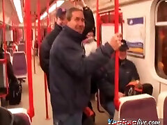 Beautiful young girl gives a dancingcock group office blowing in the subway