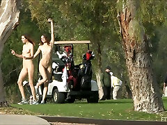 Shameless Raylene and Romi take a nude walk in a park