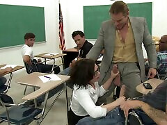 Horny dp amely In Glasses Is Gangbanged by her Students in Class