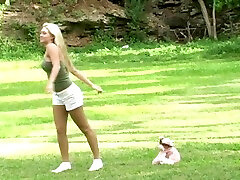 Cute blonde pragnent his sis Angel shows her pussy and tits in the garden