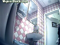 Blonde white stranger woman in the public toiletroom pisses