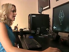 Gorgeous Blonde Gamer Girl Playing Topless on the Computer