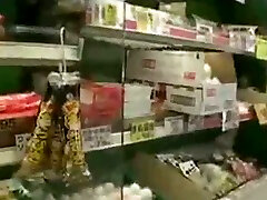 Asian husband sucking cock wife watches sweetheart in the supermarket flashes her tits