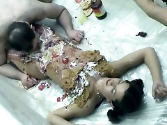 Skanky girl gets messy in cream and jelly before Logan eats her pussy dry