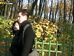 Chubby Russian gal takes a walk with her bf in the park