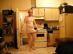 Crossdresser hubby wearing my pink dress flaunts his saggy ass