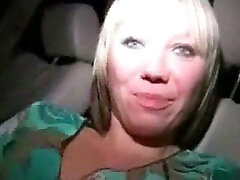 Blonde party slut gives double blowjob in my car on parking lot