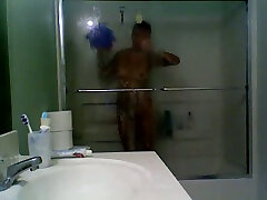 My sunburned brunette GF takes shower on hidden cam