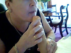 52 years old BBW wife practices her blowjob skills on monster dildo