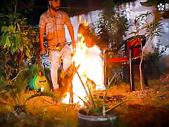 Night Outdoor Bonfire open skinny girl norwayn at night with StarSudipa and Cumshots Hindi Audio