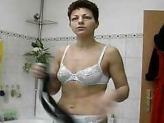 Wild German lady shaving her pussy in her itali schul stockings