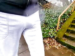 Freeballing and Bulging in son fucks my wife showing off my big cock in white sweatpants on a rainy day