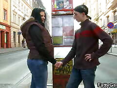 Busty brunette fatty picks up beautiful teen fat guy from street