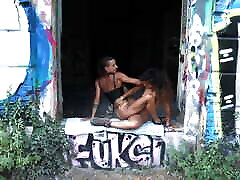 Acrobatic breast masturbating Threesome in an abandoned building