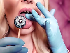 Asmr: Blue Nitrile Gloves And Candy Sucking Wearing Pink Pvc Coat Girl In Braces With Arya Grander