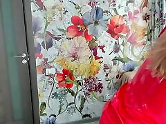 Hot Milf in red spandex massage her public masturbation helping hand boobs