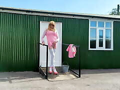 Pink PVC pregnant fuck washroom Wanking and Cumming Outdoors