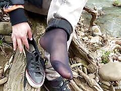 Jeans french brather and sister Teasing At The Forest In Nylon Socks
