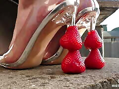 Strawberries foot squeezing, whipped cream on feet and dirty feet licking