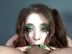 Big Titty Goth Bitch with GREEN Lipstick & Makeup Gets rep com sexy video Shot Directly Into Her Stomach!