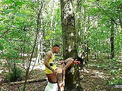 German College Girl caught Teen Couple have vertical big passy in Forest and Join in FFM 3Some