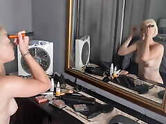 Pale small boobs bob mature asean ass blonde doing her makeup in front of the mirror