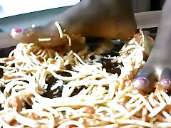 Italian slave get his food: spaghetti and lasagne of black upskirt wank feet!