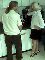Blonde bitch is bent over the counter and stuffed with cock