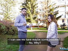 Public Agent Tight Spanish babe gives deep throat and poke behind husbands back