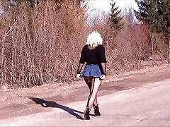 Jeans skirt and black pantyhose-Sumptuous walk big ass