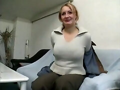 Chubby mature blonde female gives interview and takes off
