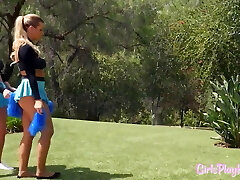 Busty cheerleader strips for 69 on the sofa