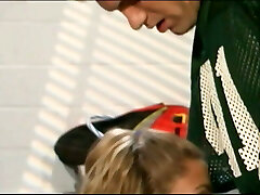 Blond teen cheerleader inhales jock&rsquo;s cock in locker room, then gets fucked