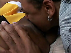 Huge-boobed nice ebony cheerleader takes off her yellow dress and gets dick inside