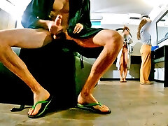 MIXED RESTROOM ADVENTURE: second part of the escapade, flashing pecker to the two bitches and really humungous cumshot