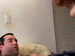 Red head bombshell with ultra-cute perky tits rides hard cock in bed