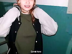 Sandy-haired girl deep throated in the stairwell while parents were at home