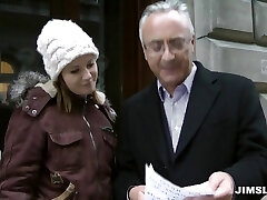 Fresh English damsel in tights and a pretty dress gets laid