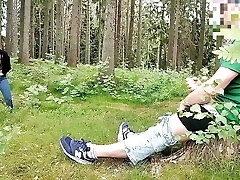 Dickflash in the forest, a stranger sucks a fuck-stick and has glue on her tits